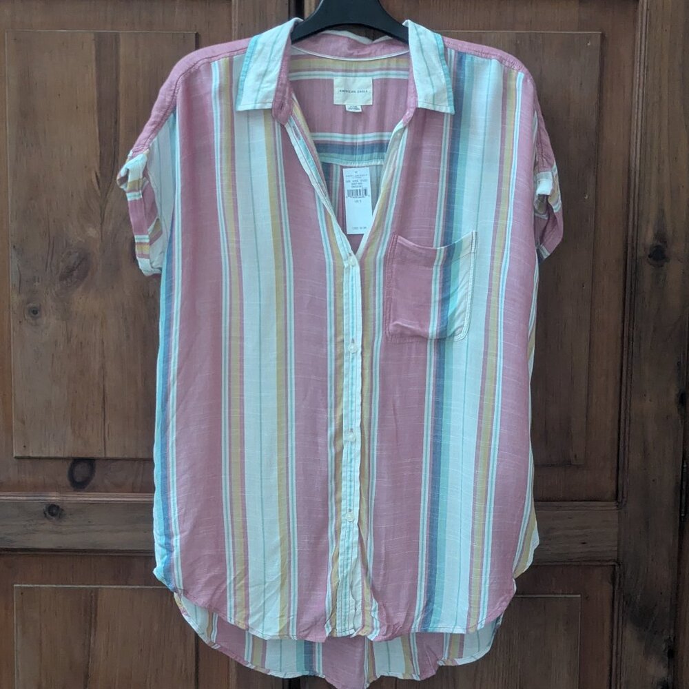 American Eagle Short Sleeve Striped Button Up Shirt Size Small